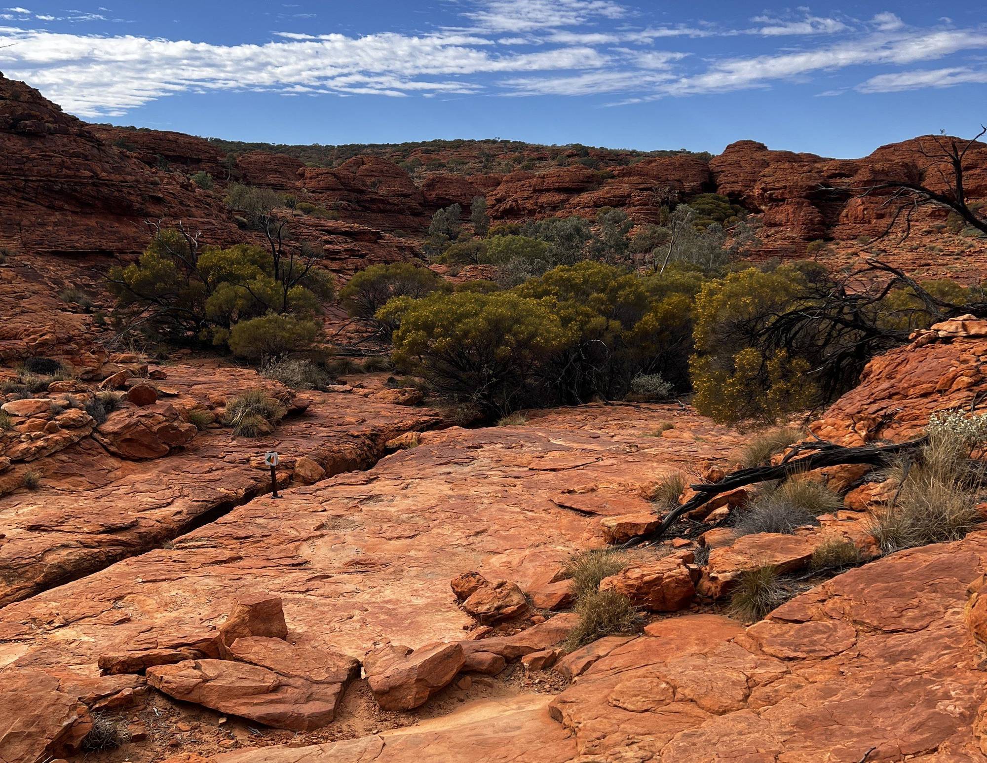 A marked route across open rock country