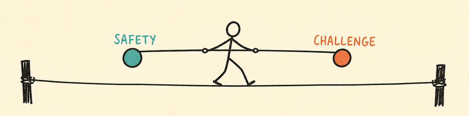 A tightrope walker balancing a pole with SAFETY on one end and CHALLENGE on the other